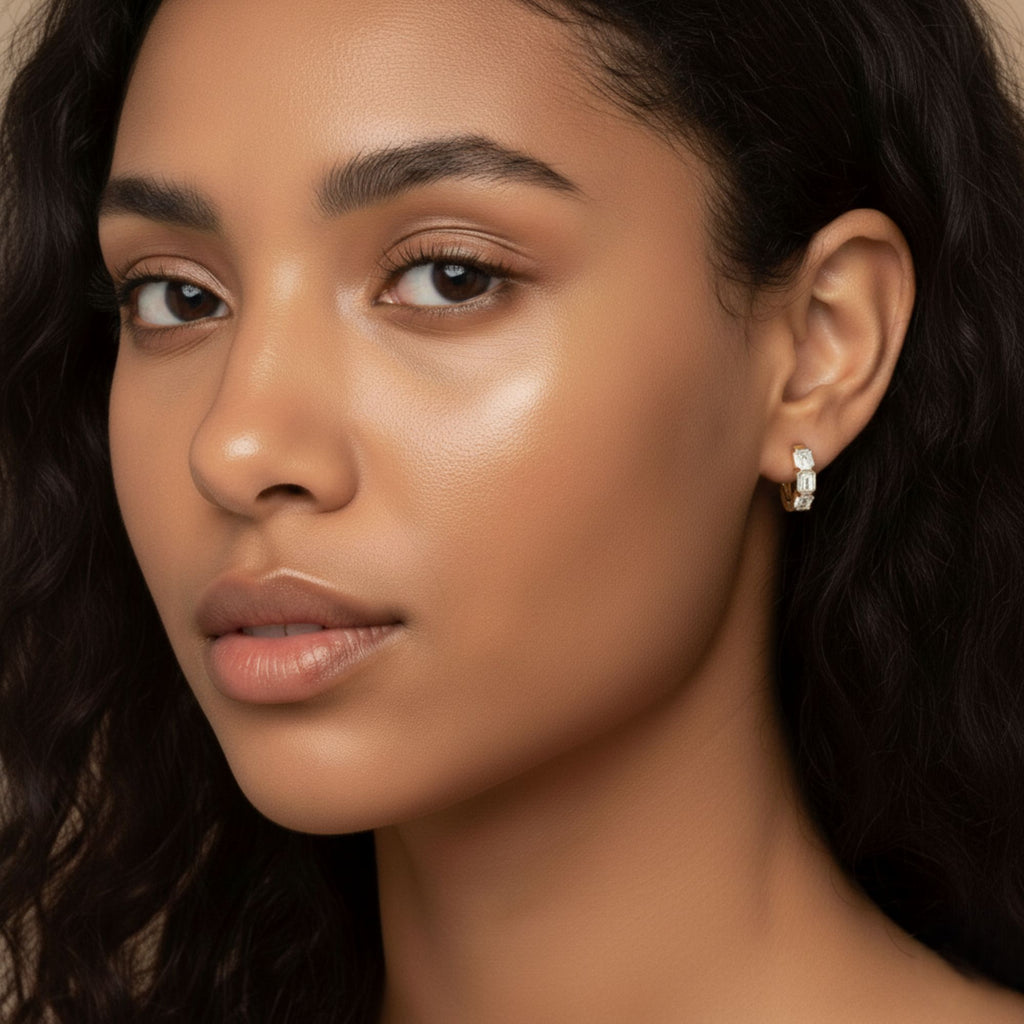 3 Stone Emerald Cut Hoop Earrings