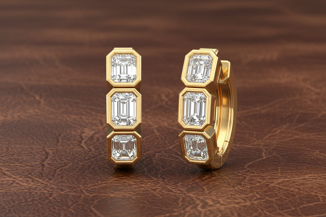 3 Stone Emerald Cut Hoop Earrings