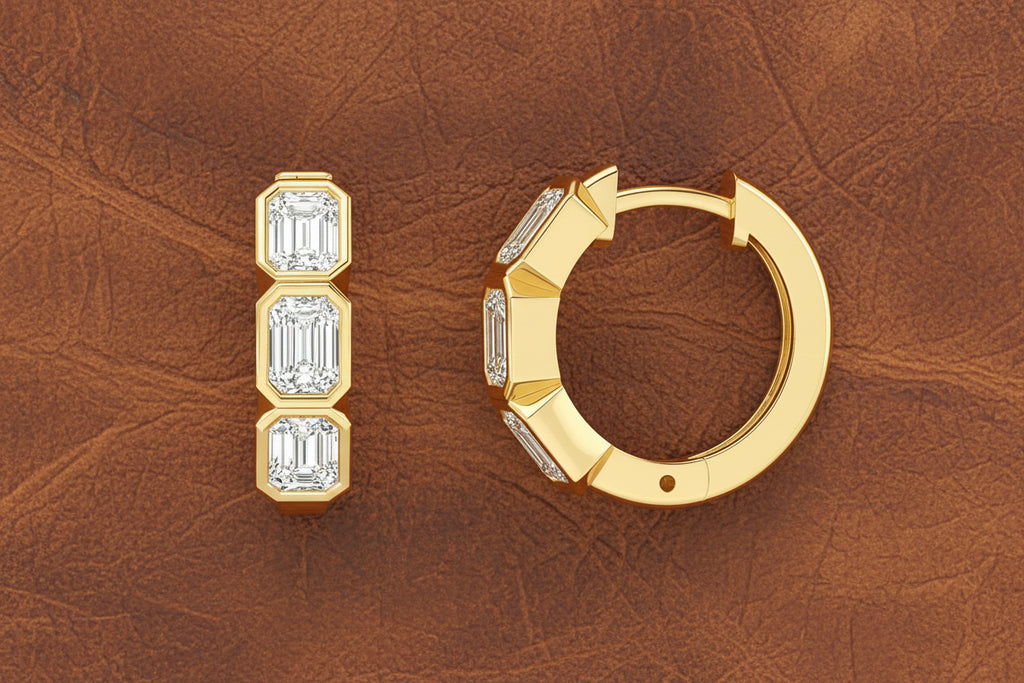3 Stone Emerald Cut Hoop Earrings