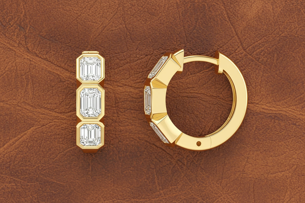 3 Stone Emerald Cut Hoop Earrings