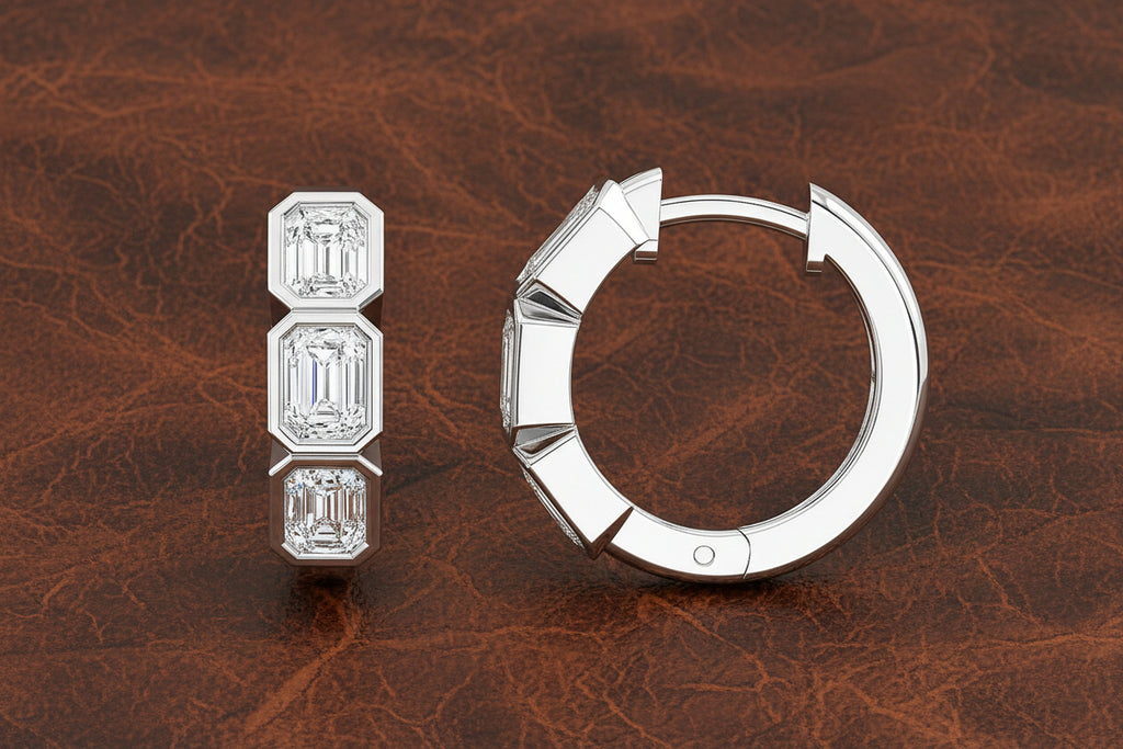 3 Stone Emerald Cut Hoop Earrings